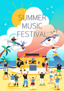 여름 음악 축제에 신나게 음악을 즐기는 사람들 일러스트