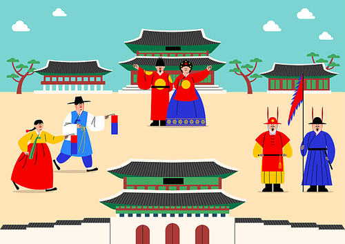 고궁 한옥에서 사람들이 한복을 입고 한국 전통문화 축제 행사를 즐기고 있는 일러스트 벡터