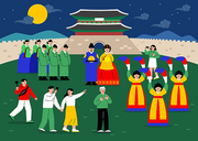 밤에 고궁 한옥에서 사람들이 한복을 입고 한국 전통문화 축제 행사를 즐기고 있는 일러스트 벡터