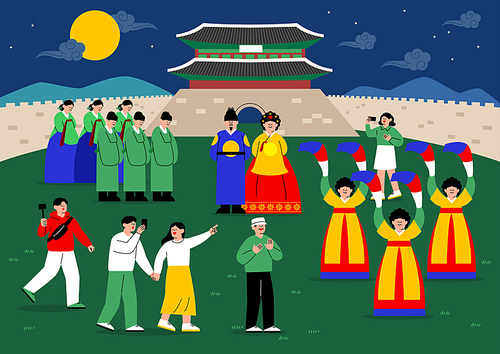 밤에 고궁 한옥에서 사람들이 한복을 입고 한국 전통문화 축제 행사를 즐기고 있는 일러스트 벡터