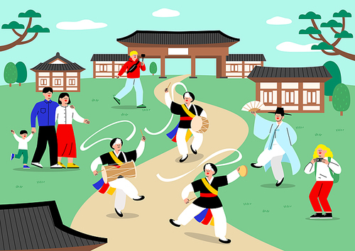 고궁 한옥에서 사람들이 상모돌리기를 구경하며 한국 전통문화 축제 행사를 즐기고 있는 일러스트 벡터