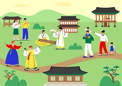 고궁 한옥에서 사람들이 판소리를 구경하고 한국 전통문화 축제 행사를 즐기고 있는 일러스트 벡터