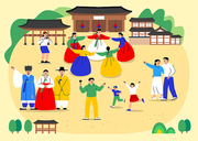 고궁 한옥에서 사람들이 강강술래를 하며 한국 전통문화 축제 행사를 즐기고 있는 일러스트 벡터