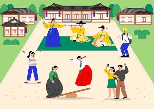 고궁 한옥에서 사람들이 탈춤을 구경하고 널뛰기를 하며 한국 전통문화 축제 행사를 즐기고 있는 일러스트 벡터
