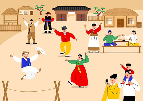고궁 한옥에서 사람들이 주막체험과 외줄타기를 하며 한국 전통문화 축제 행사를 즐기고 있는 일러스트 벡터