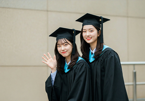 학사모를 쓰고 졸업가운을 입고 인사하는 졸업생들