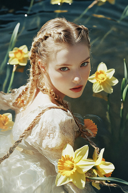 꽃이 떠있는 물 속에 몸을 담고있는 서양인 여성의 모습