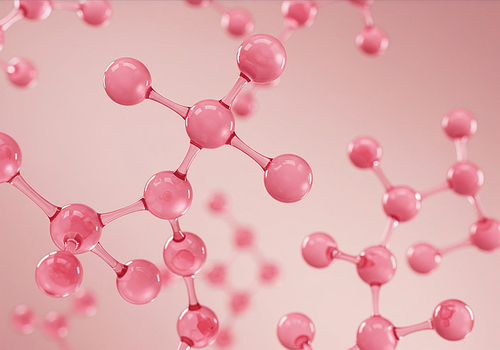 분홍색 배경에서 분자가 떠다니는 모습