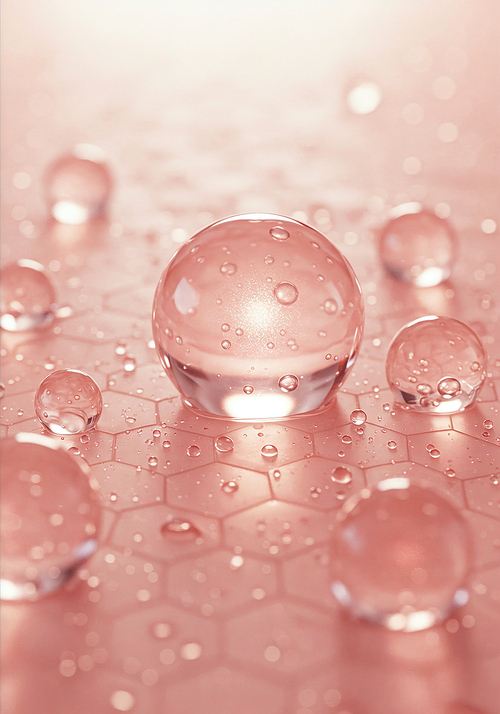 육각형 모양의 분자 구조 위에 떨어진 콜라겐 방울