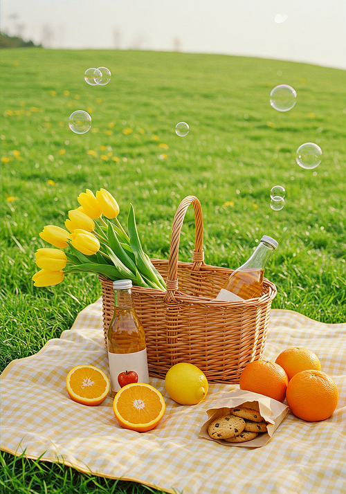 돗자리 위에 놓여진 빵과 과일과 샴페인