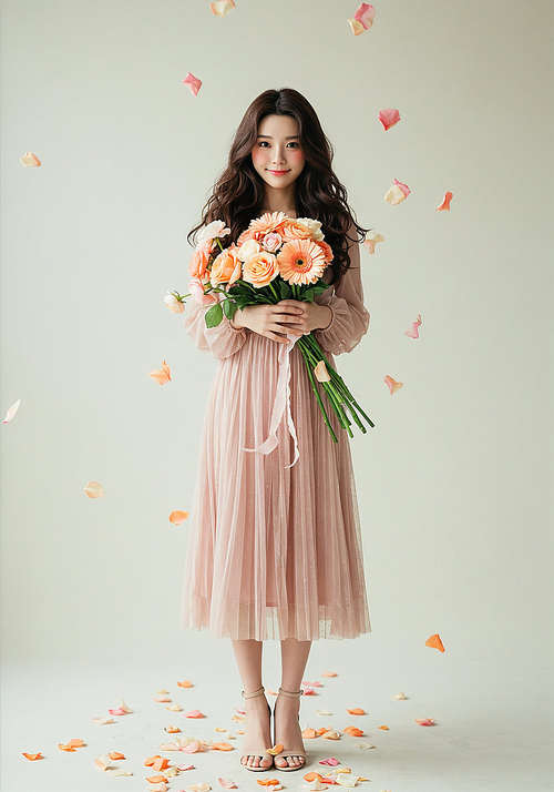 드레스를 입고 꽃다발을 들고 서있는 젊은 여자