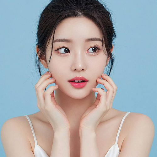 얼굴에 손을 대고 조금 놀란 깨끗한 피부의 여자