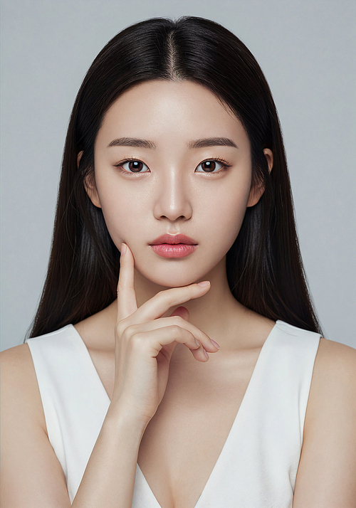 좋은 피부를 가진 여자가 정면을 응시하는 모습