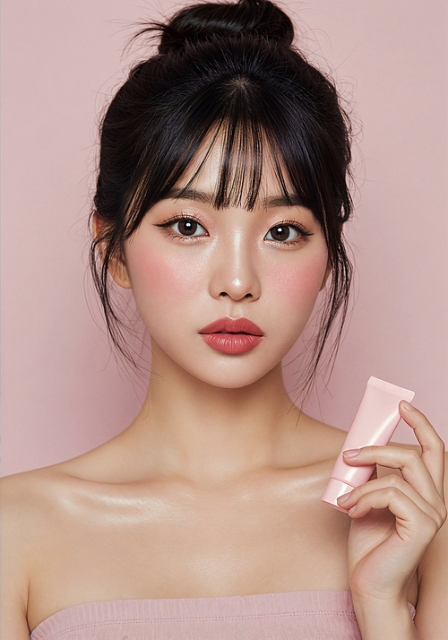 부드러운 커튼을 배경으로 테이블에 앉아 화장품을 사용하는 여자