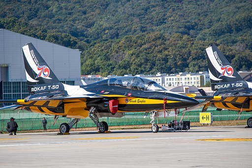 성남, 한국 - 2023년 10월 21일 : 서울 에어쇼 ADEX 2023에 전시된 T-50 블랙이글스 곡예비행단