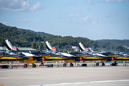 성남, 한국 - 2023년 10월 21일 : 서울 에어쇼 ADEX 2023에 전시된 T-50 블랙이글스 곡예비행단