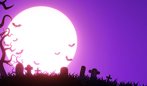 Night, full moon and bats, banner. Colorful scary Halloween 3d illustration.