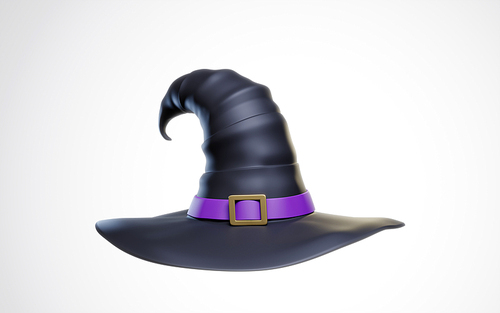 Black Witch Hat, Halloween Costume isolated on white. 3d illustration