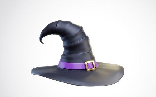Black Witch Hat, Halloween Costume isolated on white. 3d illustration