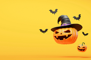 Halloween Jack O'Lantern Pumpkin and Bats. 3d illustration