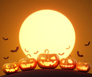 Halloween pumpkins under the moonlight. 3d illustration