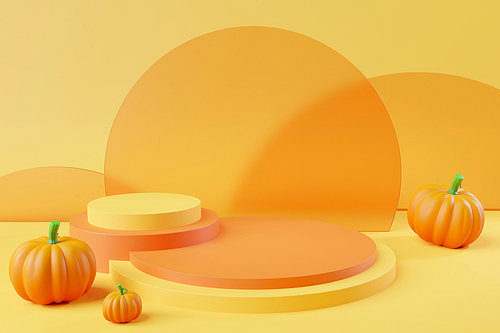 3d illustration layout Halloween scene with product podium on orange background.