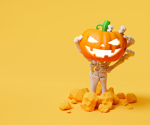 bony hands holding Halloween pumpkins. 3d illustration