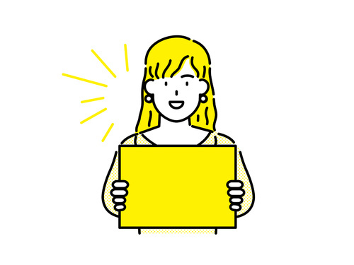 노란색 빈 광고 배너 카드를 들고 있는 노란색 옷과 노란색 머리의 여성 클립아트.