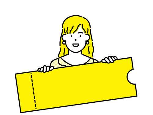 노란색 빈 광고 배너, 쿠폰 카드를 들고 있는 노란색 옷과 노란색 머리의 여성 클립아트.