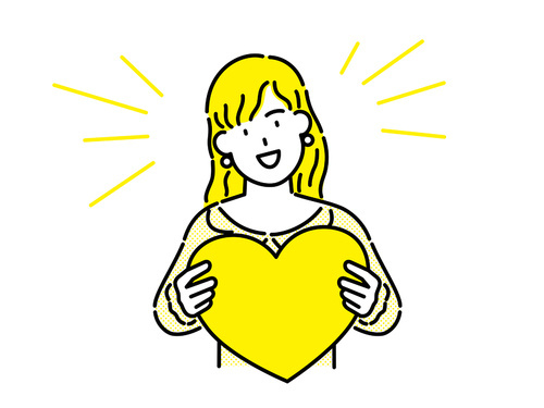 노란색 하트모양 빈 광고 배너 카드를 들고 있는 노란색 옷과 노란색 머리의 여성 클립아트.