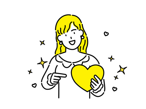 노란색 하트모양 빈 광고 배너 카드를 들고 있는노란색 머리의 여성 클립아트.
