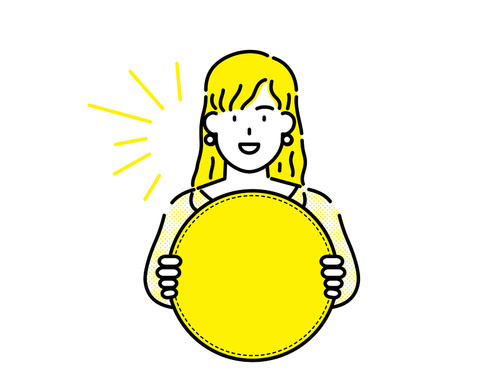 노란색 빈 광고 배너 카드를 들고 있는 노란색 옷과 노란색 머리의 여성 클립아트.