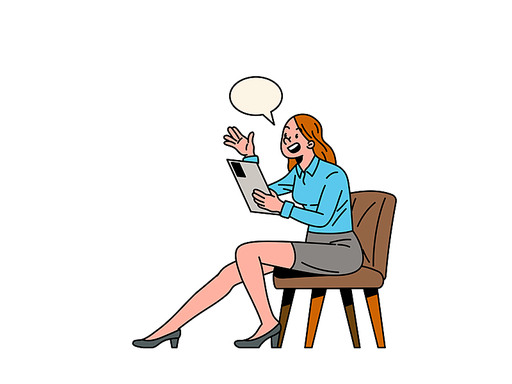 의자에 앉아 있는 비즈니스 우먼, 타블렛을 보며 설명하며 앉아 있는 여성.