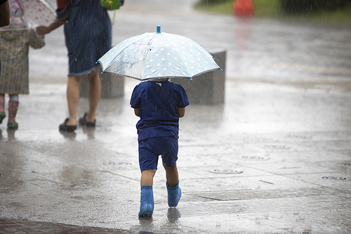 비가 내리는 길을 우산을 쓰고 가는 어린이
