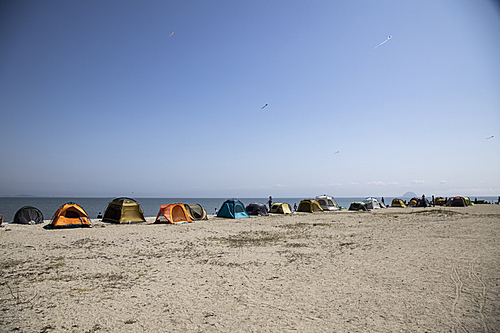 바닷가에 설치된 각양각색의 텐트