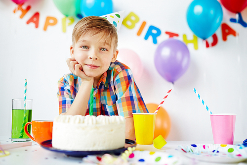 Happy boy  by birthday cake