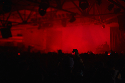 Crowd of humans in the red darkness at concert