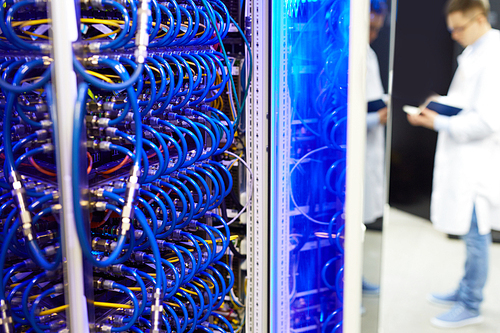 Blue cables in center of computer research