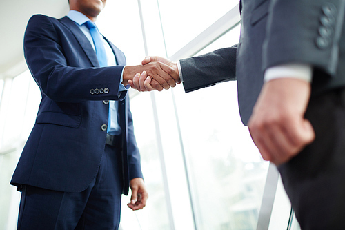 Salesman shaking hand of his client after signing contract