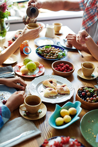 Homemade pastry, fresh berries and fruits on served table