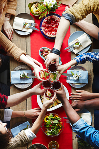 Group of friends toasting over dinner table