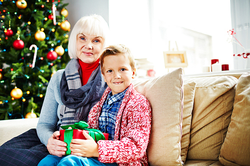 Mature female with her grandson sitting by Christmas tree