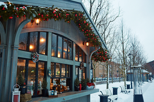 Small street cafe or shop decorated for xmas in park