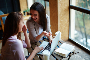 Laughing girls discussing something curious in laptop