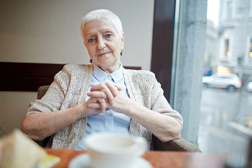 Serene female sitting in cafe at leisure