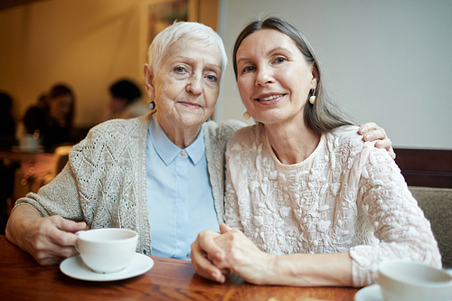 Two friendly grandmas having tea in cafe