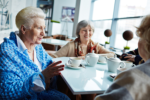 Modern seniors talking in cafe