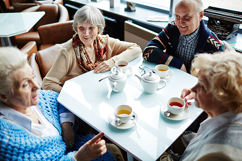 Group of friendly seniors talking by tea in cafe
