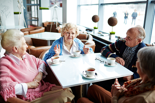 Seniors talking by cup of tea in cafe