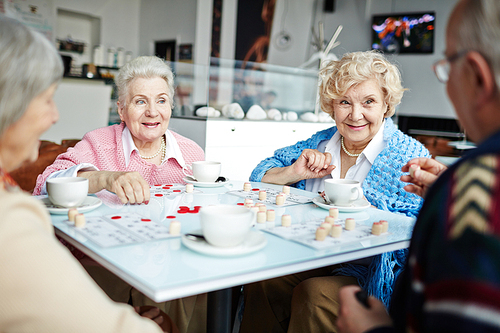 Senior friends playing lotto in free time